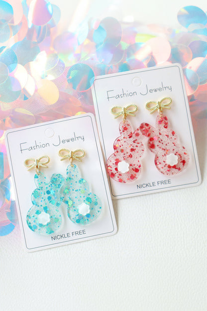 Fiery Red Clear Easter Bunny Bowknot Studded Earrings - Snoopy's Closet