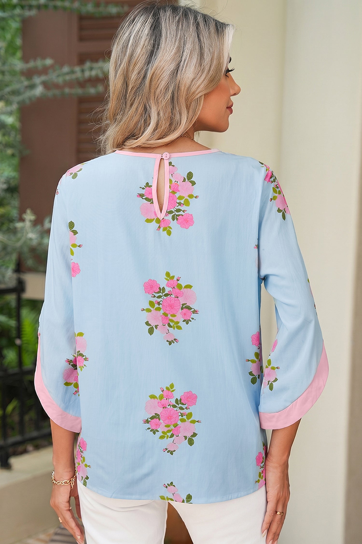Sky Blue Floral Print Button Cuffed 3/4 Sleeve Round Neck Blouse - Snoopy's Closet