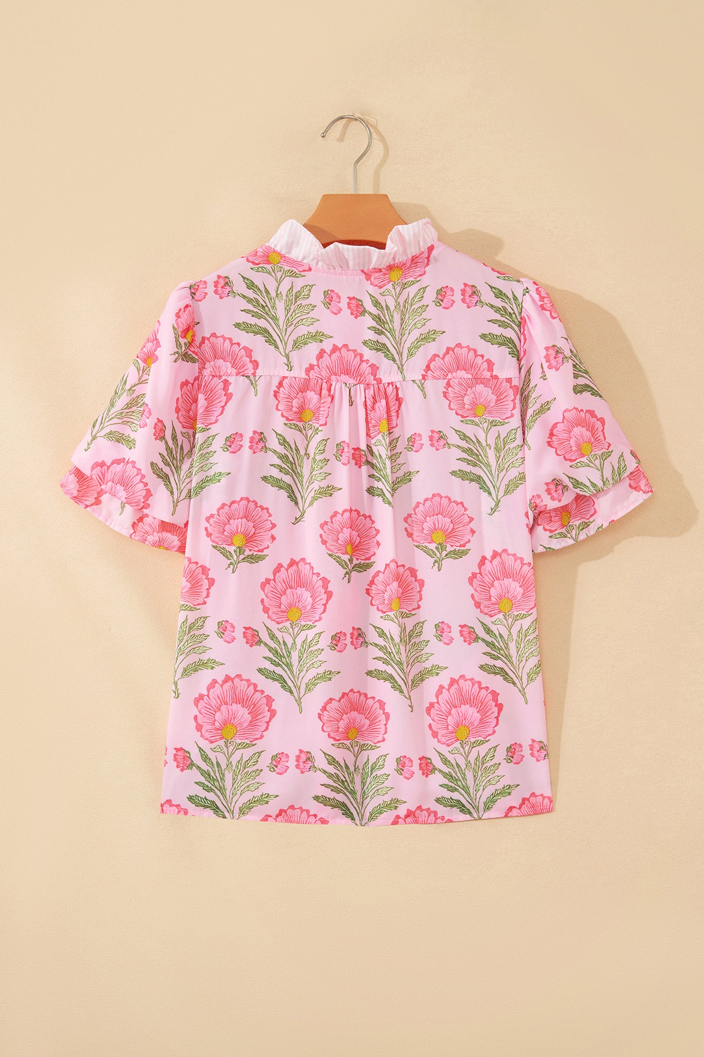 Camisa de manga abullonada con volantes y rayas Pink Sweet Blooms