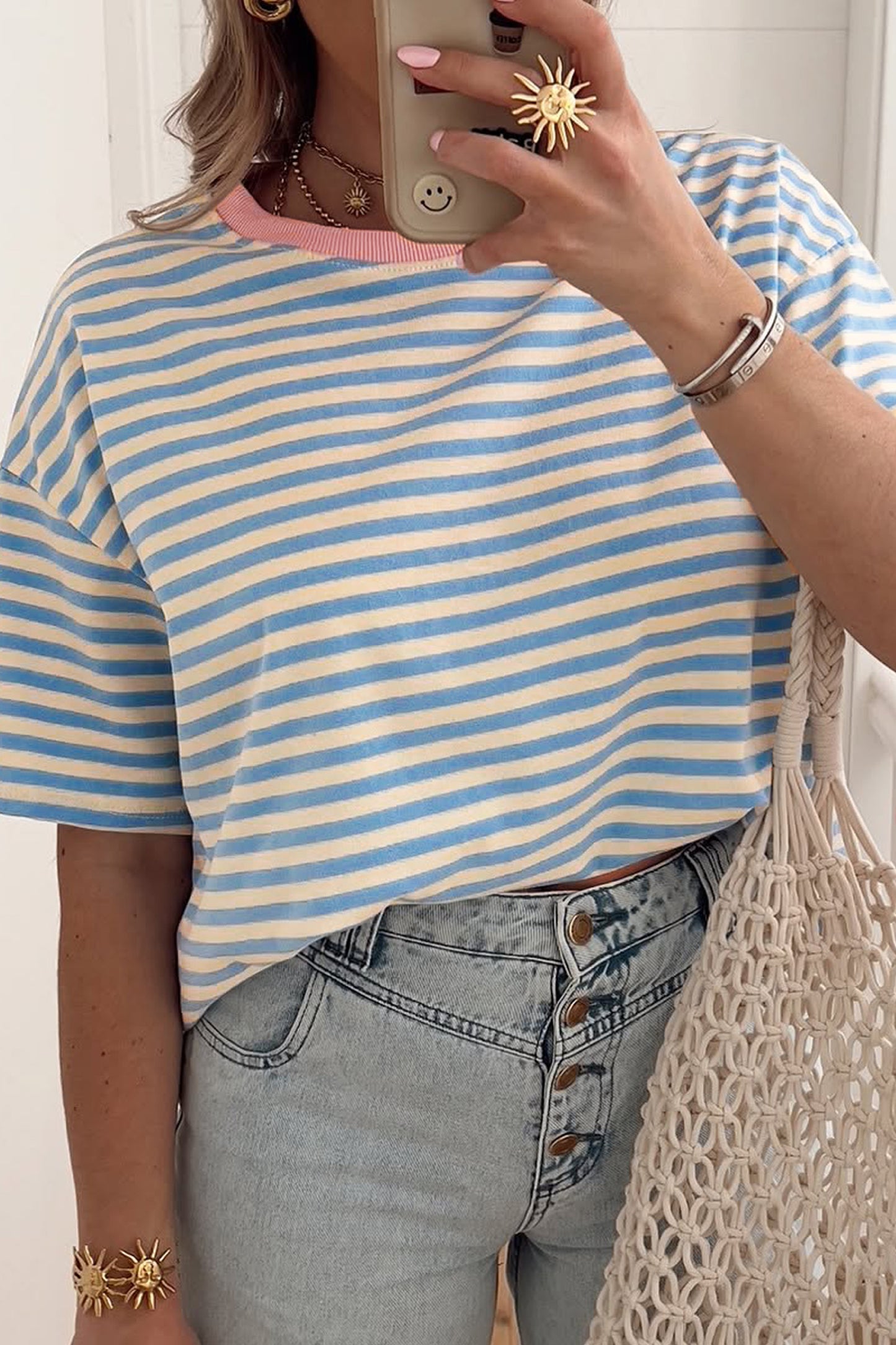 Sky Blue Stripe Contrast Crew Neck Drop Shoulder Loose Tee - Snoopy's Closet