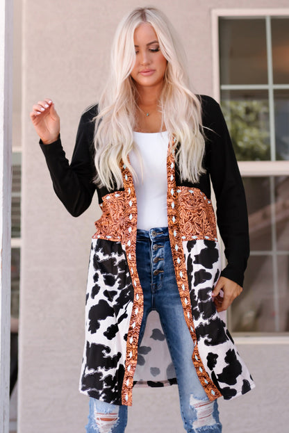 Black Western Pattern Cow Patchwork Open Front Cardigan - Snoopy's Closet