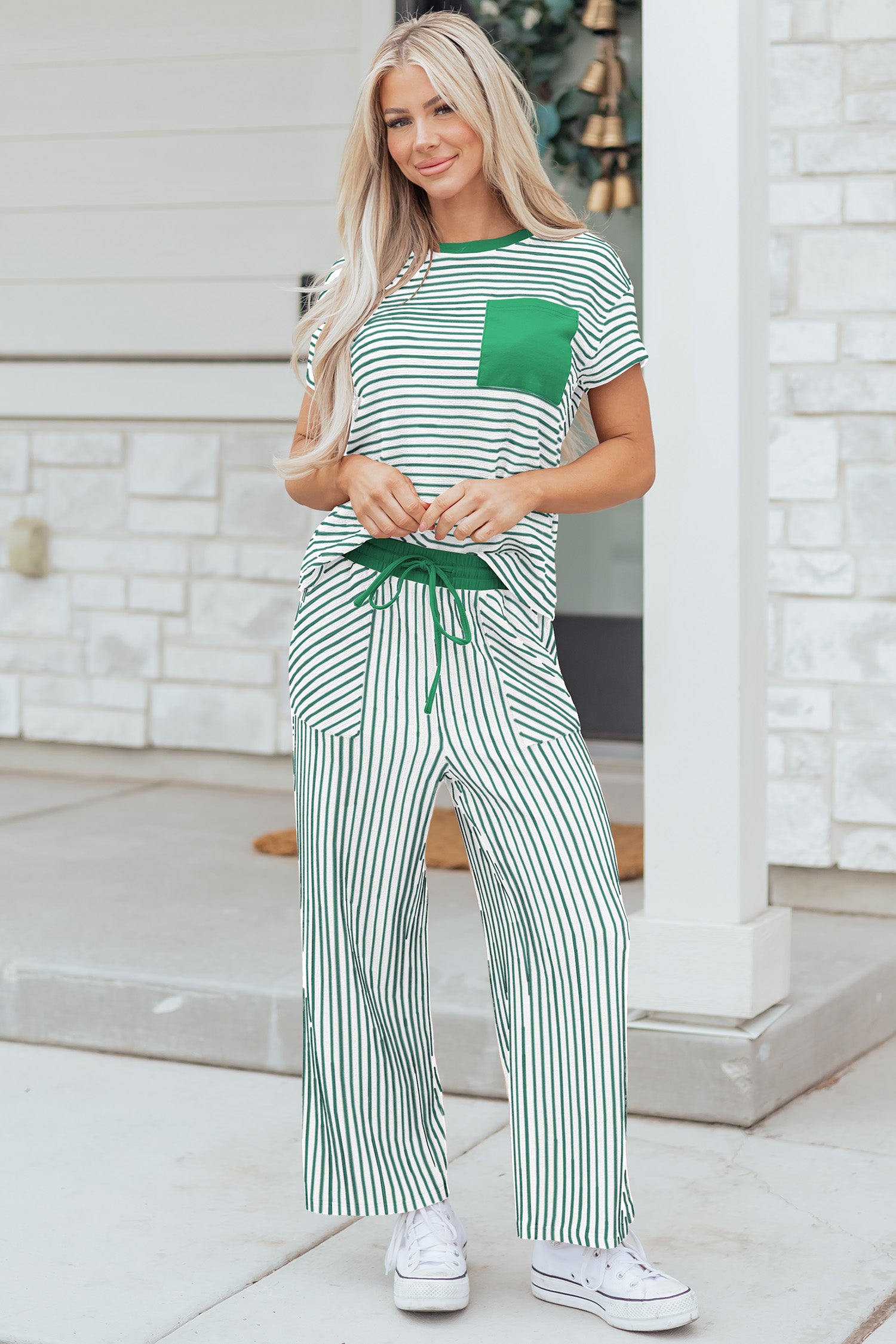 Sky Blue Stripe Crew Neck Tee Drawstring Waist Cropped Pants Set - Snoopy's Closet