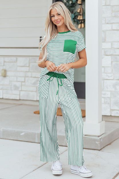 Sky Blue Stripe Crew Neck Tee Drawstring Waist Cropped Pants Set - Snoopy's Closet