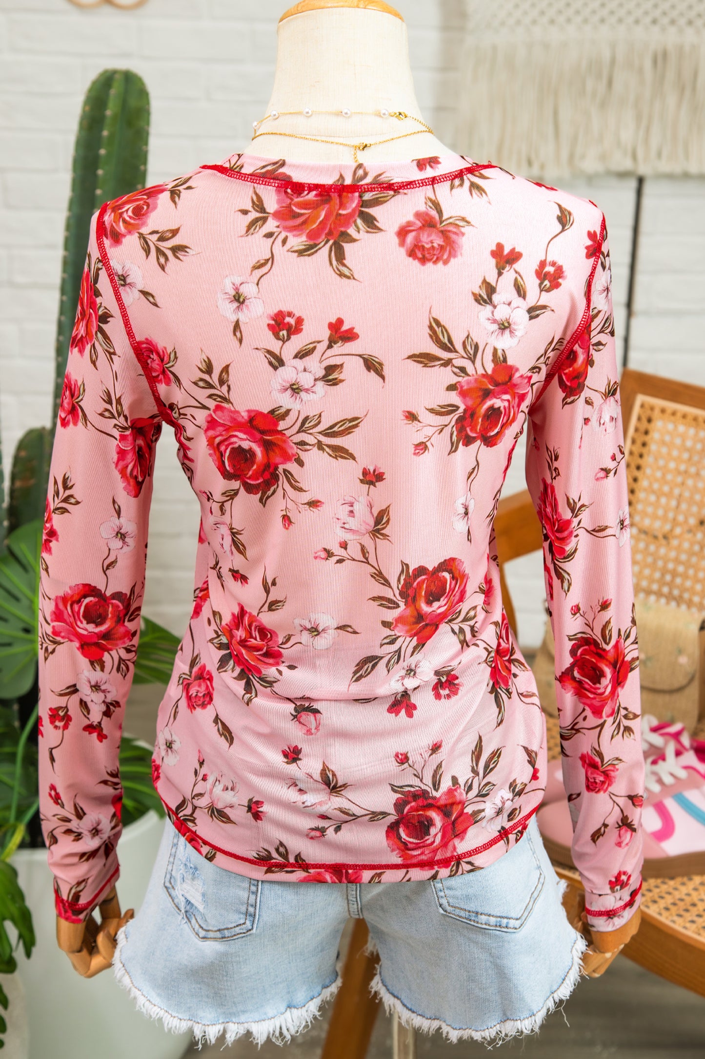 Pink Floral Print Exposed Seam Detail Mesh Long Sleeve Top - Snoopy's Closet