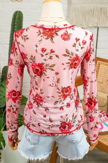 Pink Floral Print Exposed Seam Detail Mesh Long Sleeve Top - Snoopy's Closet