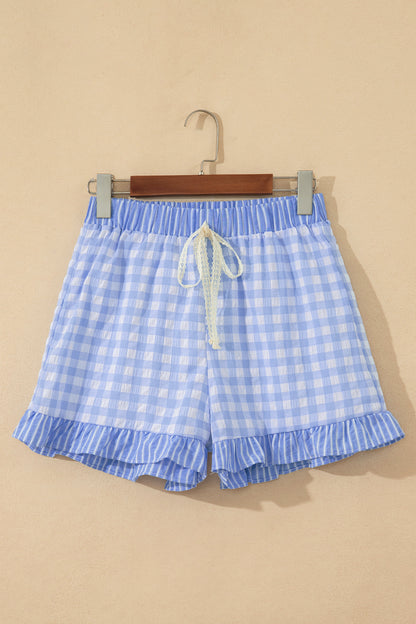 Red Gingham Print Ruffle Striped Detail Lace Tie Shorts - Snoopy's Closet