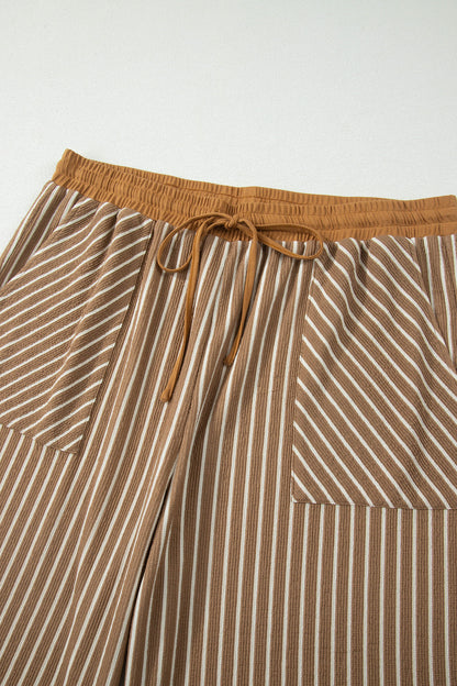 Conjunto de descanso de talla grande a rayas caqui con bloques de color y bolsillos