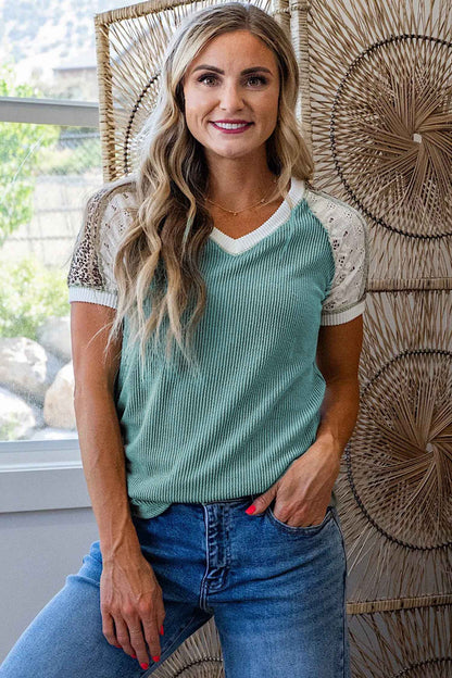 Green Bay Color Block Lace Leopard Patchwork Twisted Ribbed Tee