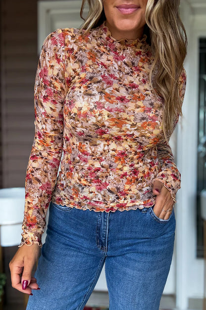 Red Lettuce Trim Floral Print Mesh Long Sleeve Top - Snoopy's Closet