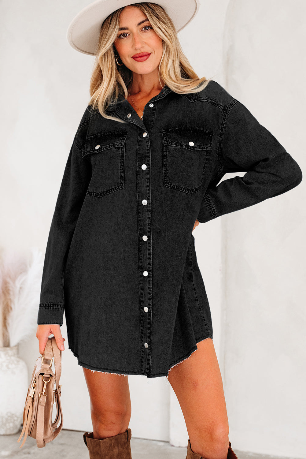 Blue Beau Chest Pocket Raw Hem Denim Loose Shirt Dress - Snoopy's Closet