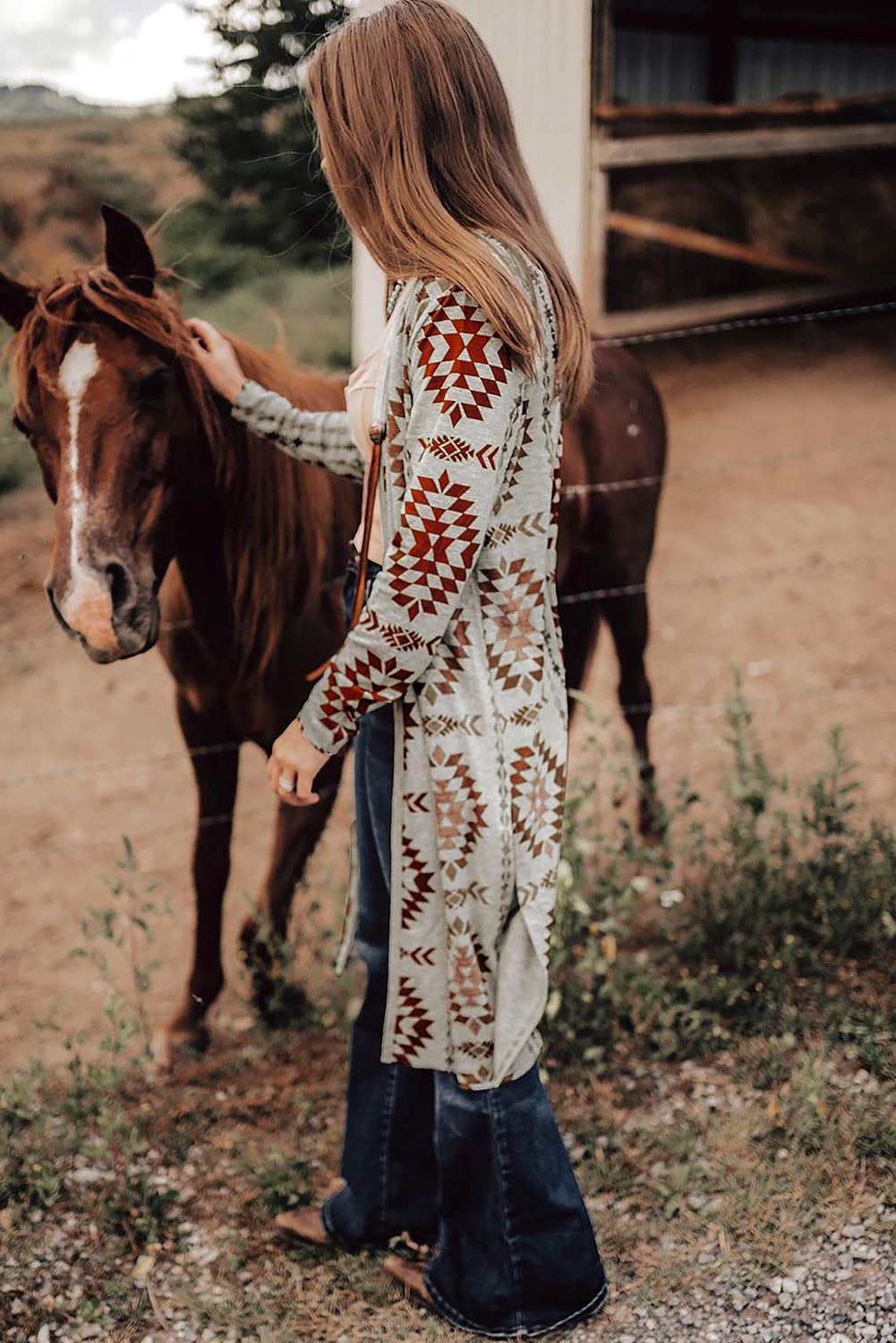 Brown Western Aztec Printed Open Front Long Cardigan - Snoopy's Closet