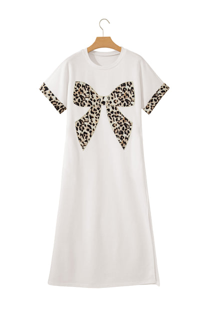 White Contrast Leopard Bow Patched Short Sleeve T Shirt Long Dress