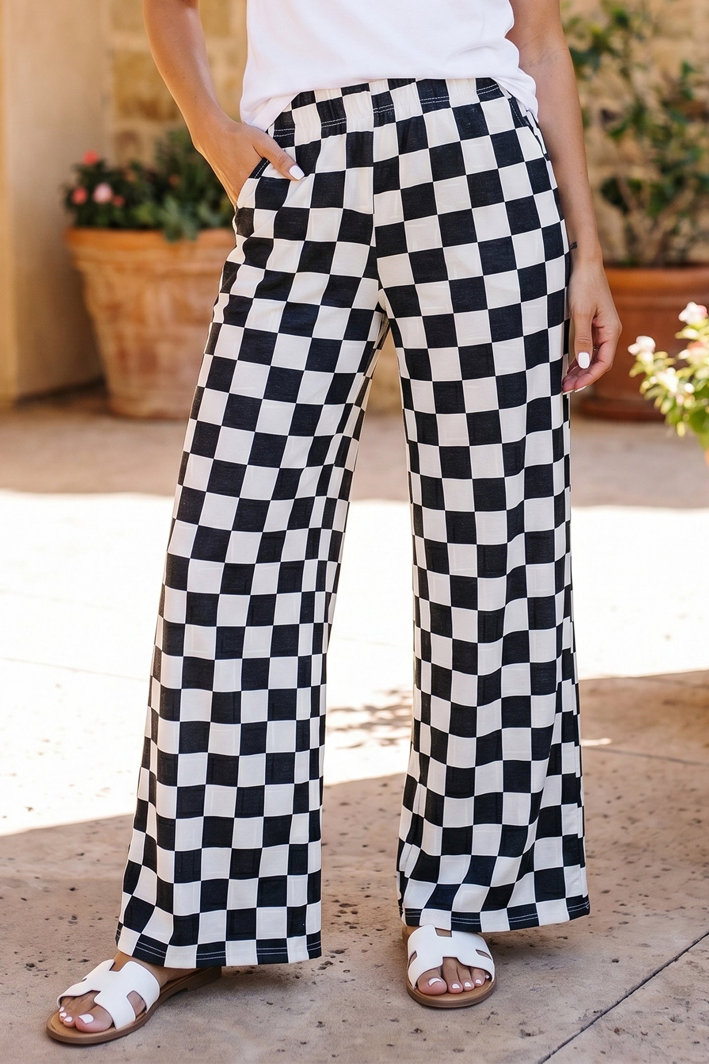 Pantalones anchos de cintura alta con estampado a cuadros de dos tonos negros