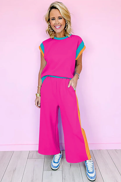Strawberry Pink Color Block Detail Casual Two-piece Set - Snoopy's Closet