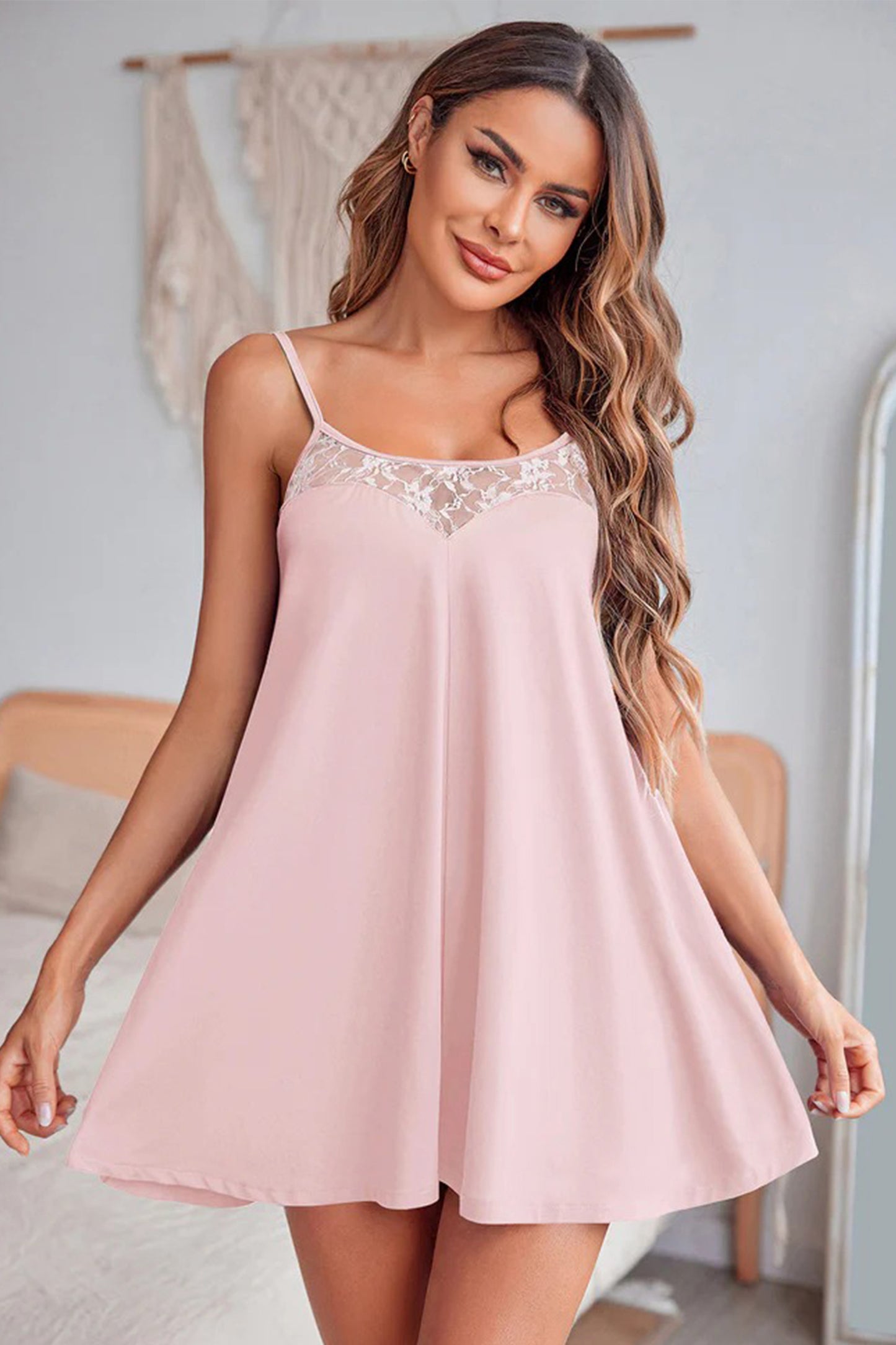 Light Pink Sheer Lace Patchwork Camisole Nightgown Dress - Snoopy's Closet
