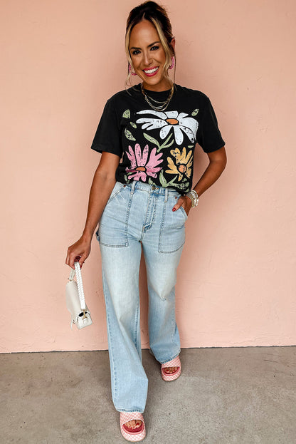 Camiseta casual de cuello redondo con estampado floral retro negro