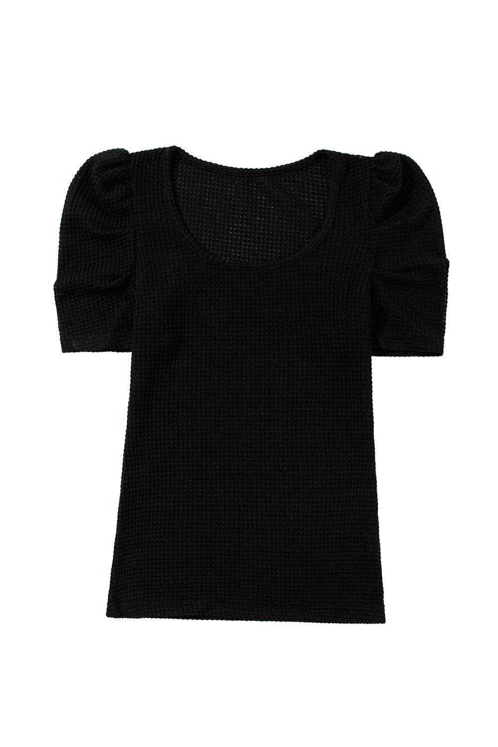 Black Waffle Knit Ruched Puff Sleeve Top - Snoopy's Closet