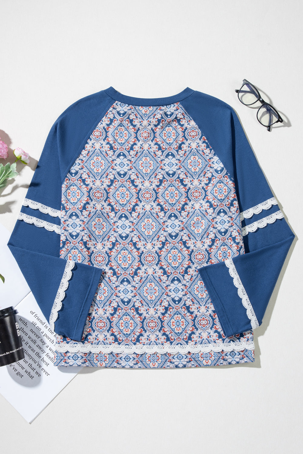 Blue Geometric Printed Lace Patchwork Ric Rac Raglan Long Sleeve Top - Snoopy's Closet