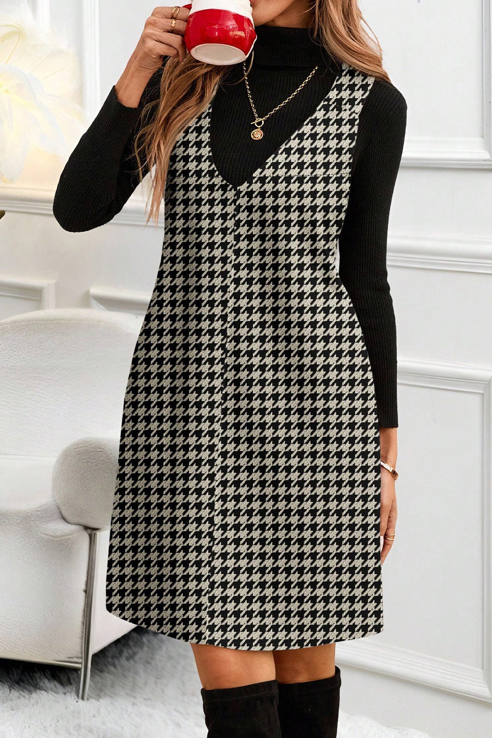 Khaki Houndstooth Print V Neck Sleeveless Mini Dress - Snoopy's Closet