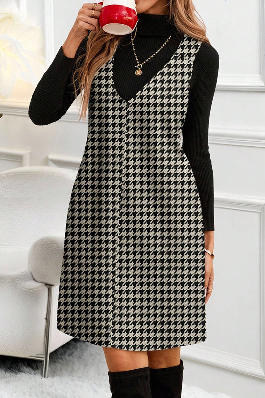 Khaki Houndstooth Print V Neck Sleeveless Mini Dress - Snoopy's Closet