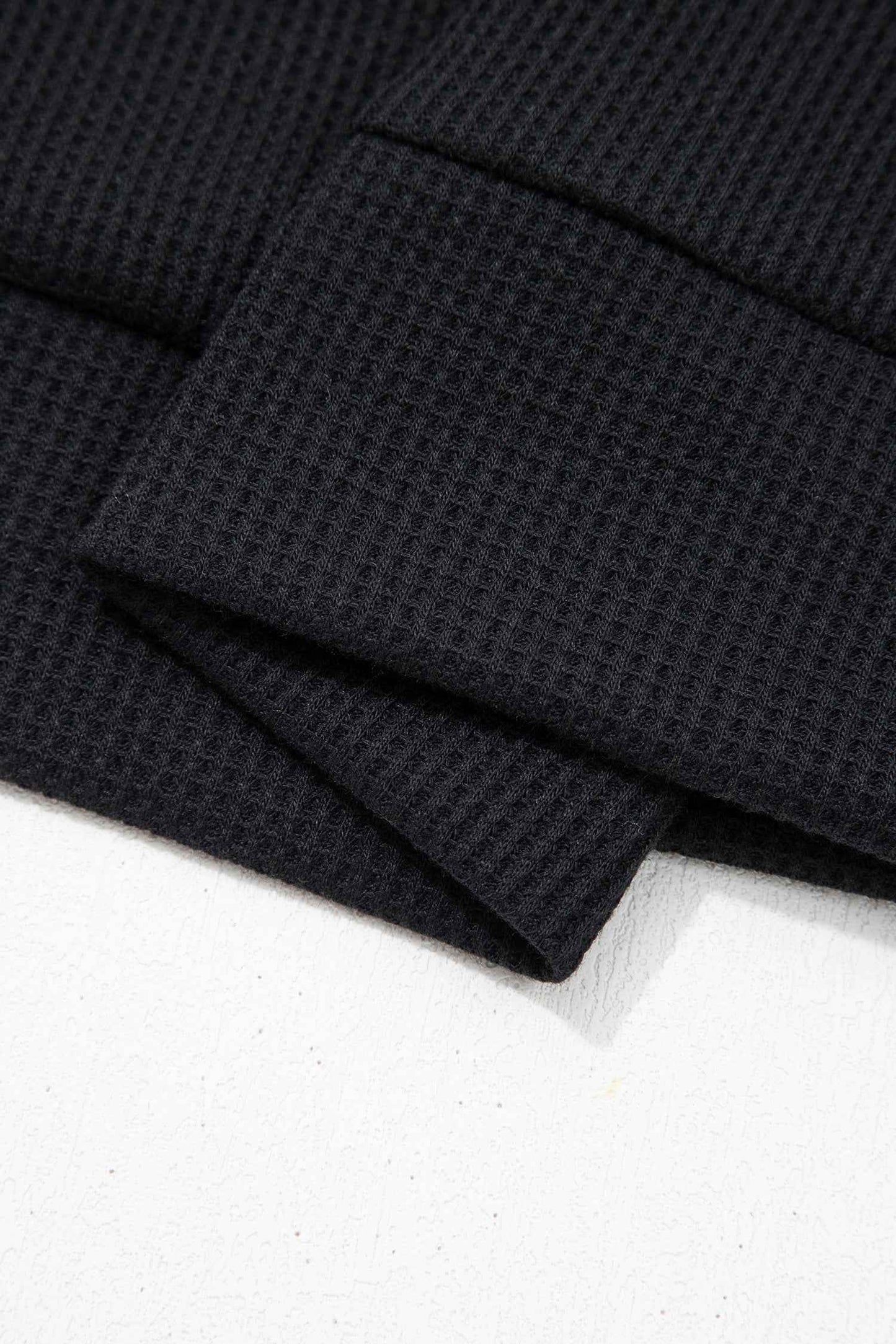 Black Waffle Knit Denim Contrast Trim Patchwork Button Polo Collar Top
