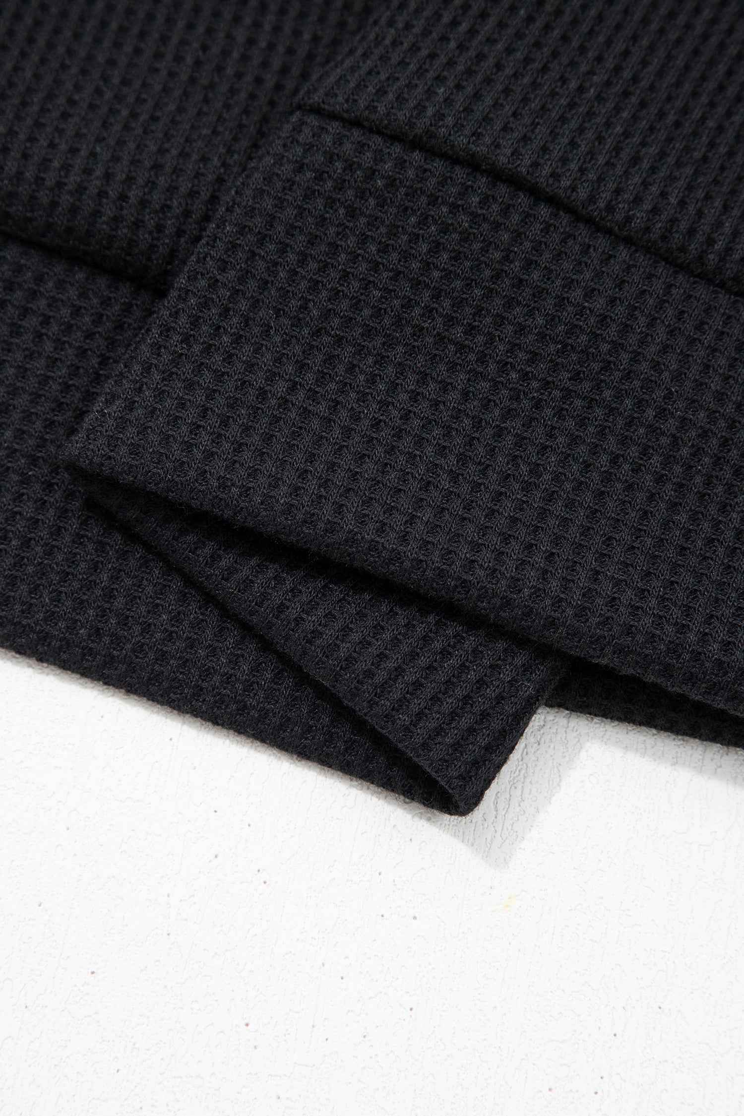 Black Waffle Knit Denim Contrast Trim Patchwork Button Polo Collar Top
