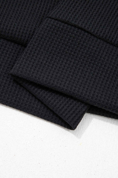Black Waffle Knit Denim Contrast Trim Patchwork Button Polo Collar Top