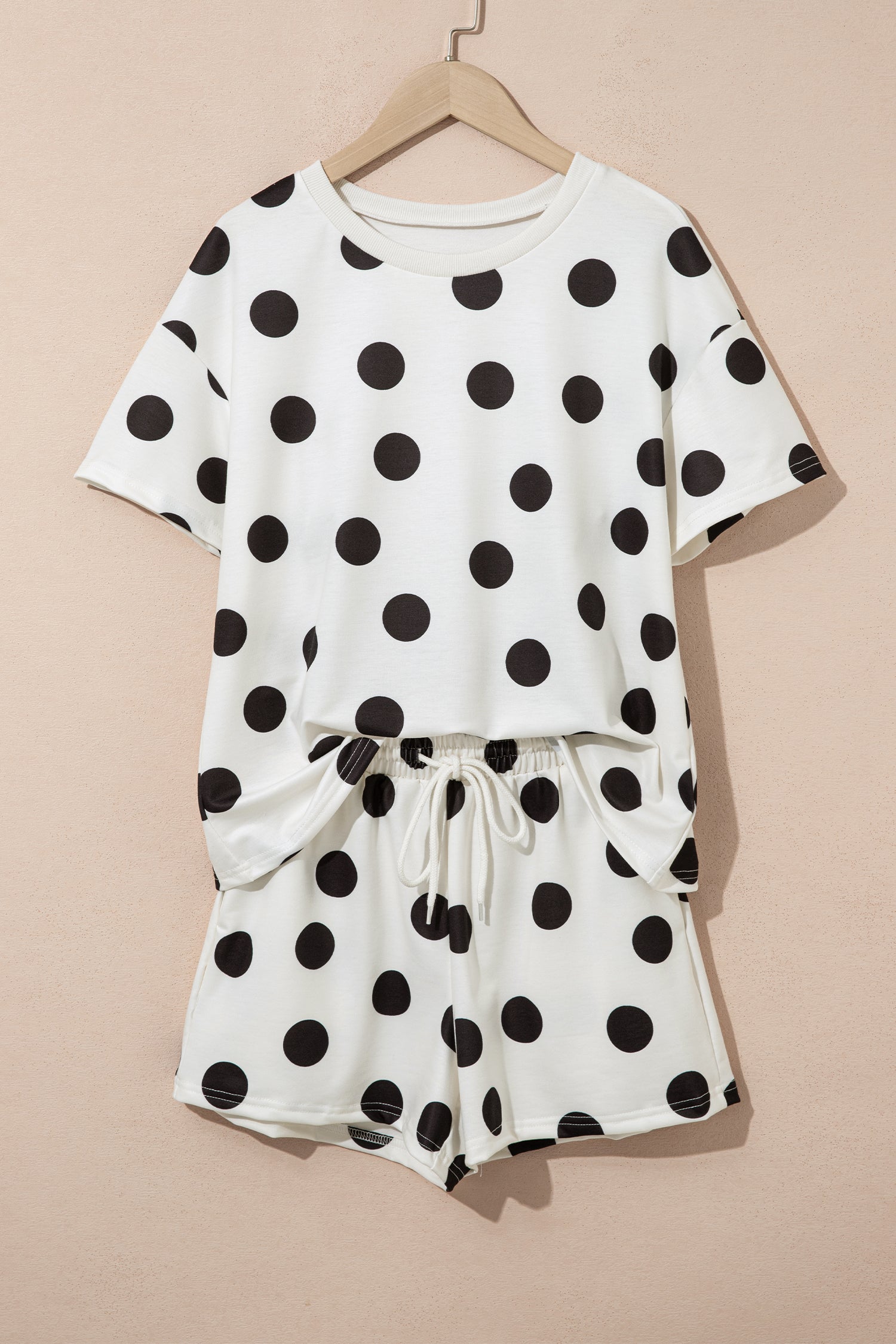 Black Polka Dot Print Loose Tee Drawstring Elastic Waist Short Set - Snoopy's Closet