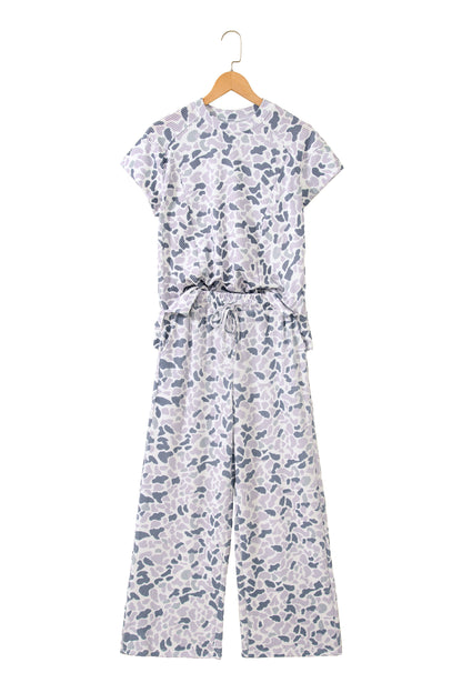 Beige Camouflage Print Twisted Rib Loose Tee Drawstring Pants Set - Snoopy's Closet