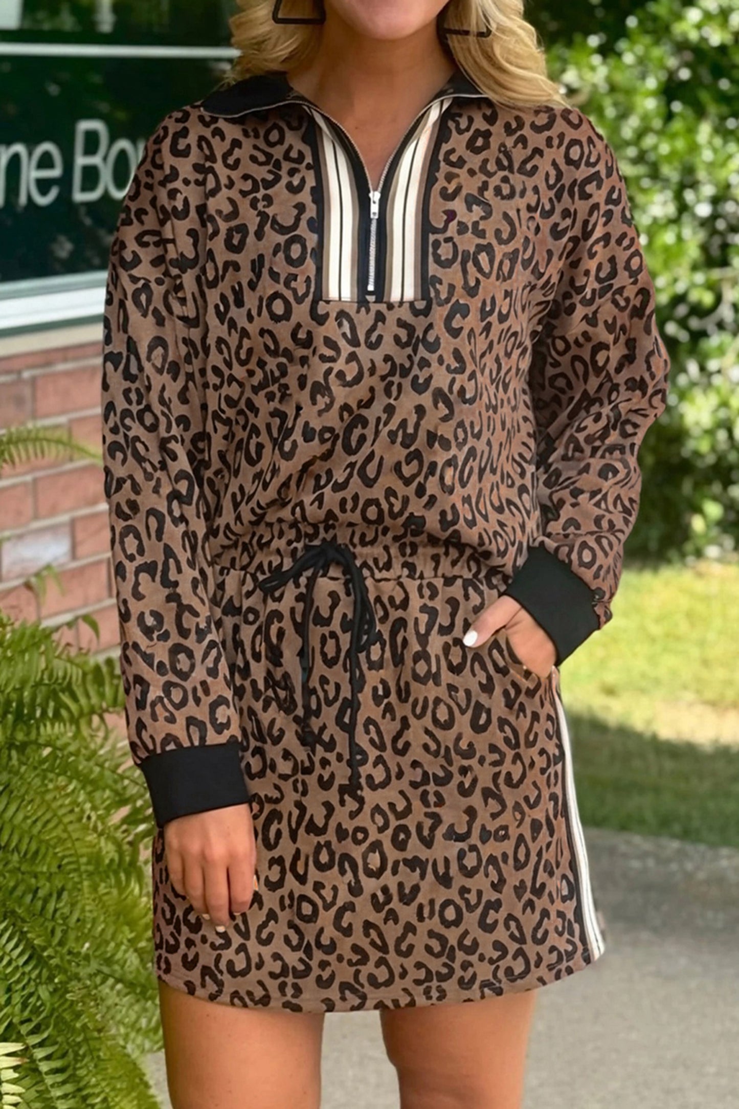 Khaki Leopard Print Quarter Zip Long Sleeve Top Mini Skirt Set - Snoopy's Closet