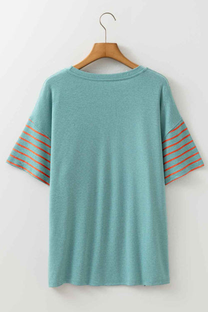 Tan Color Block Striped Detail Loose T Shirt