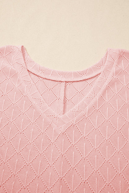 Light Pink Pointelle Rhombus Knit Plus Size V Neck Loose Top
