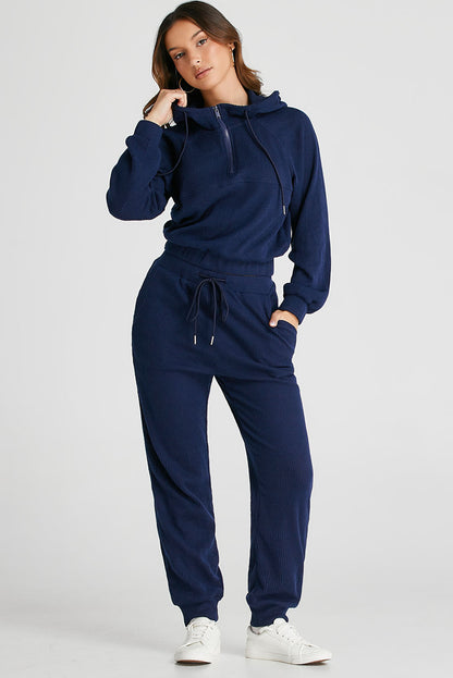Conjunto de sudadera corta con capucha de punto acanalado y joggers con cordón azul marino