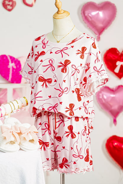 Conjunto de 2 piezas de blusa holgada con estampado de lazo romántico rojo y shorts con cordón para estar en casa