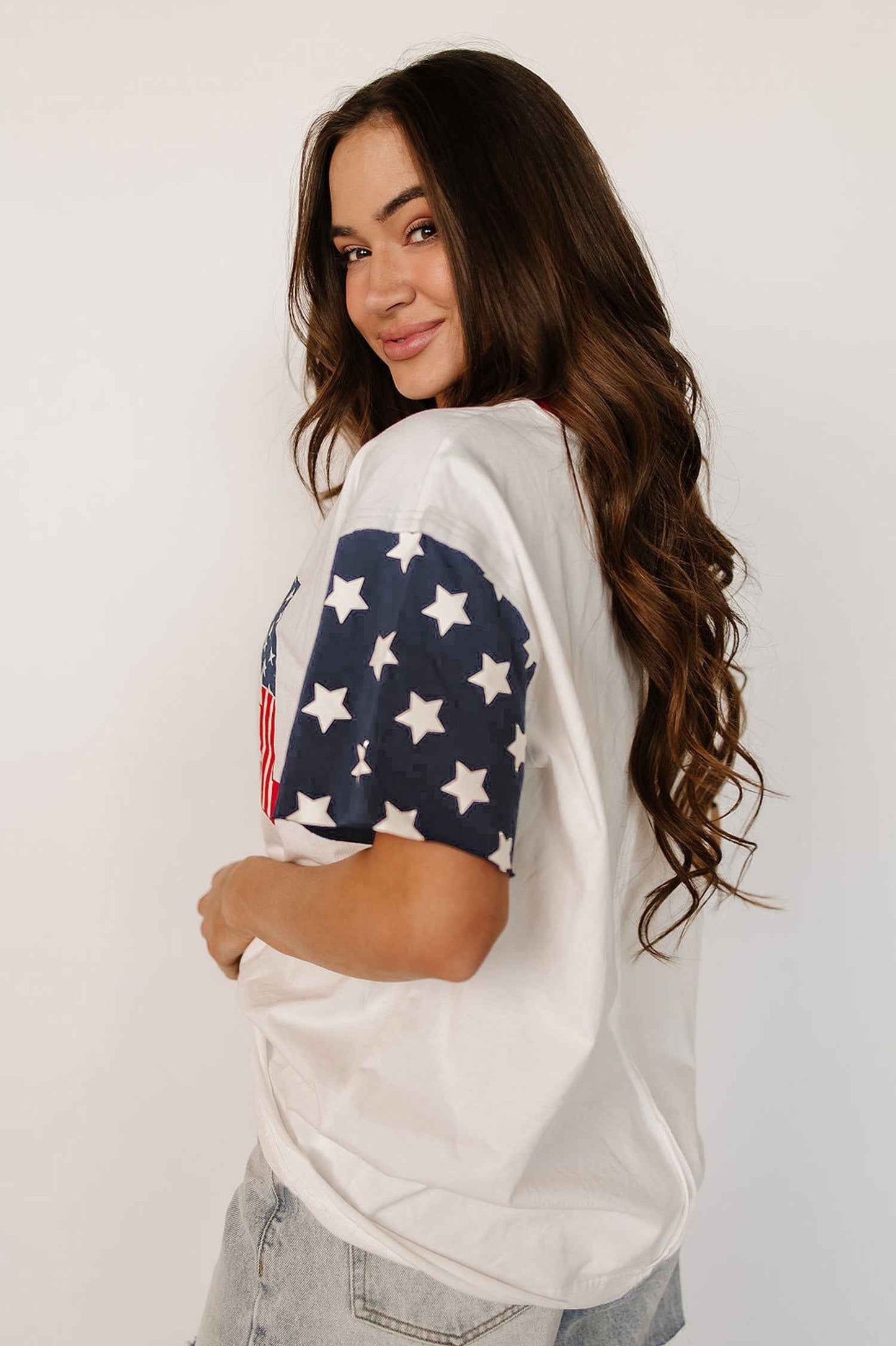 Jet Stream Flag Print USA Graphic Patchwork Casual Tee