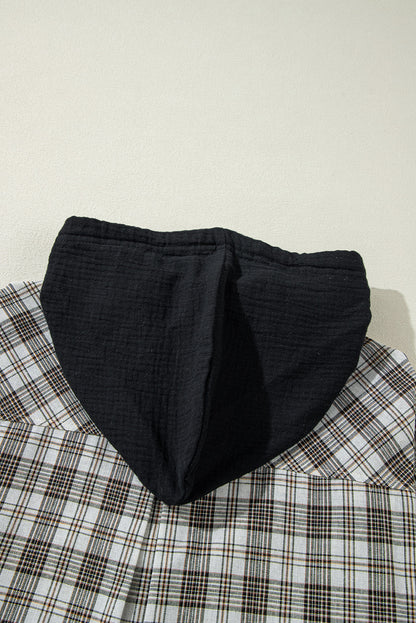 Camisa Chaqueta con Capucha, Estampado a Cuadros Negros, Corte Holgado y Botones