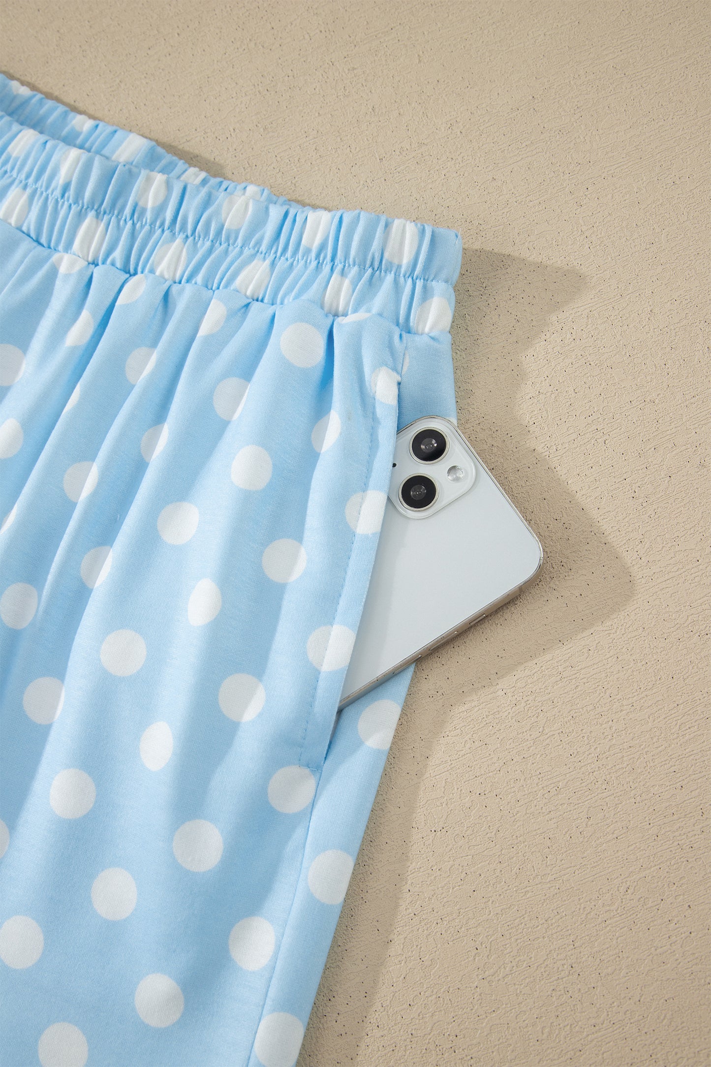 Sky Blue Polka Dot Print Color Block Trim Mock Neck Short Set - Snoopy's Closet