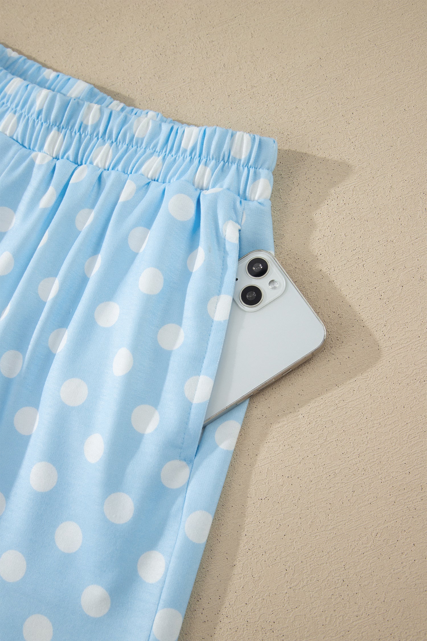 Sky Blue Polka Dot Print Color Block Trim Mock Neck Short Set - Snoopy's Closet