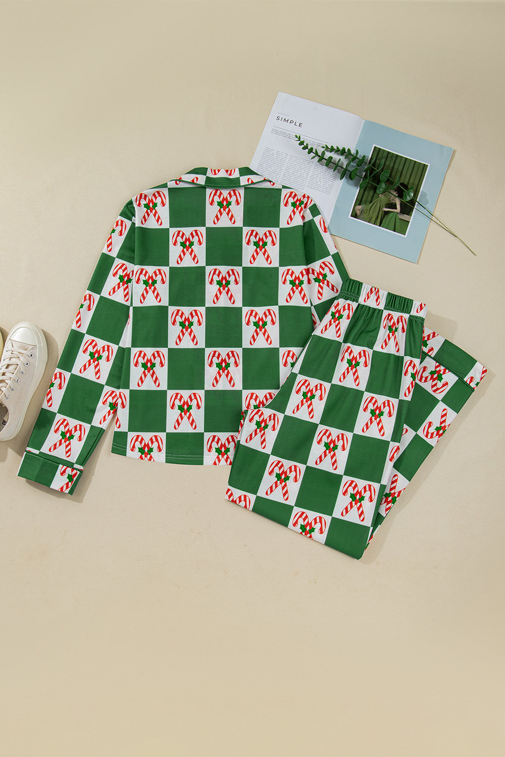 Green Holly Jolly Checkered Pattern 2pcs Long Pajama Set - Snoopy's Closet