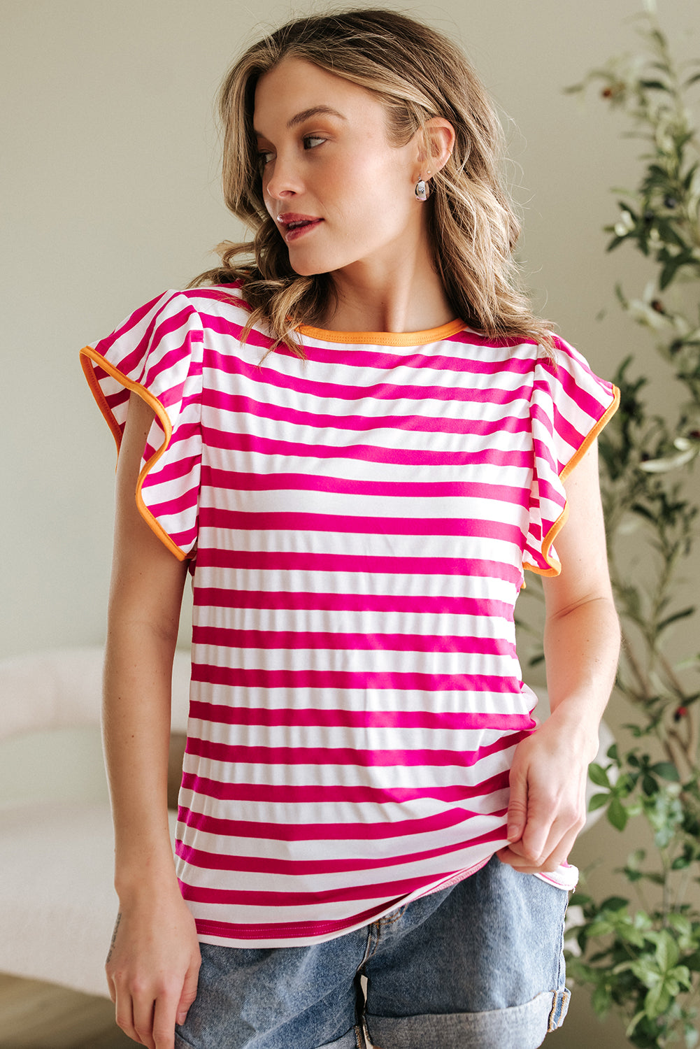 Rose Red Striped Ruffle Sleeve Crew Neck Blouse - Snoopy's Closet