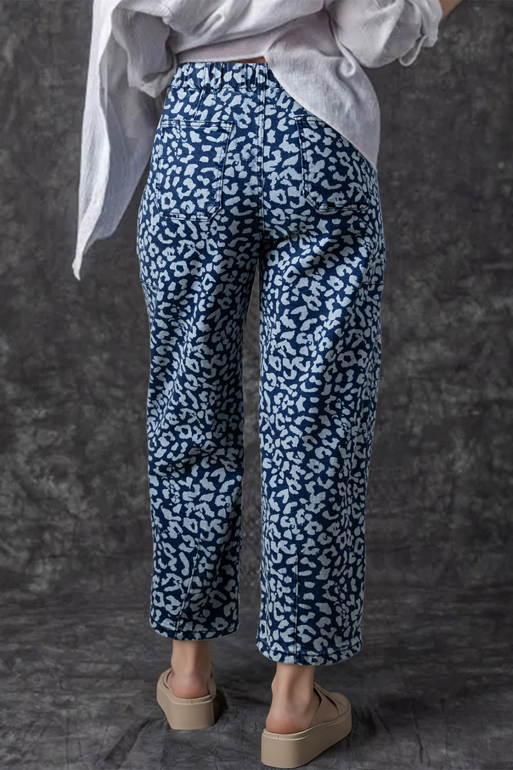 Khaki Leopard Printed Drawstring Elastic Waistband Pocketed Barrel Jeans - Snoopy's Closet
