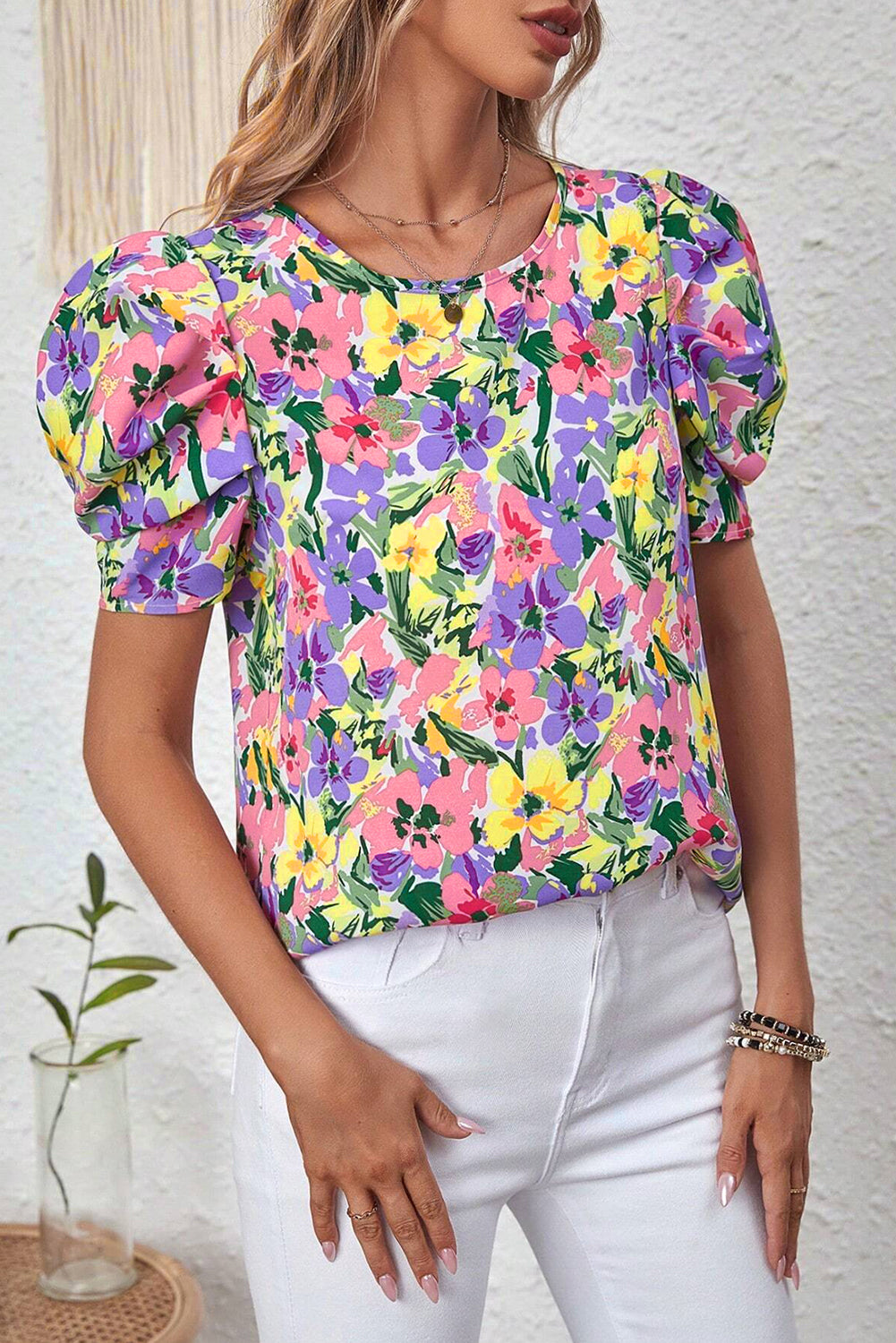 Purple Floral Print Puff Short Sleeve Crew Neck Blouse - Snoopy's Closet