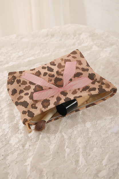 Camel Ribbon Bow Leopard Print Ribbed Cloth Makeup Bag - Snoopy's Closet