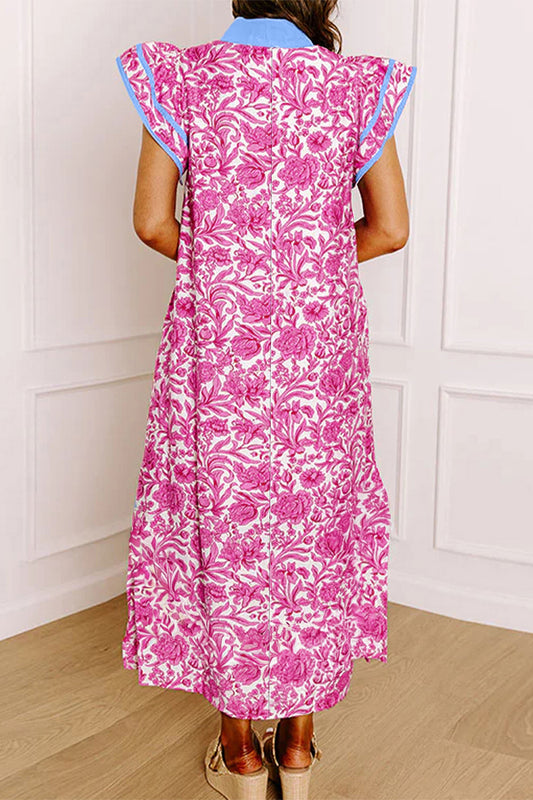 Vestido midi de manga corta con estampado floral rosa, bloques de color y cuello en V