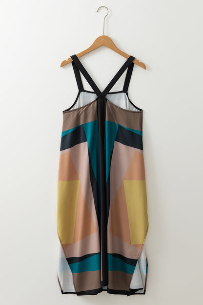 Vestido sin mangas con espalda en Y y estampado geométrico retro marrón