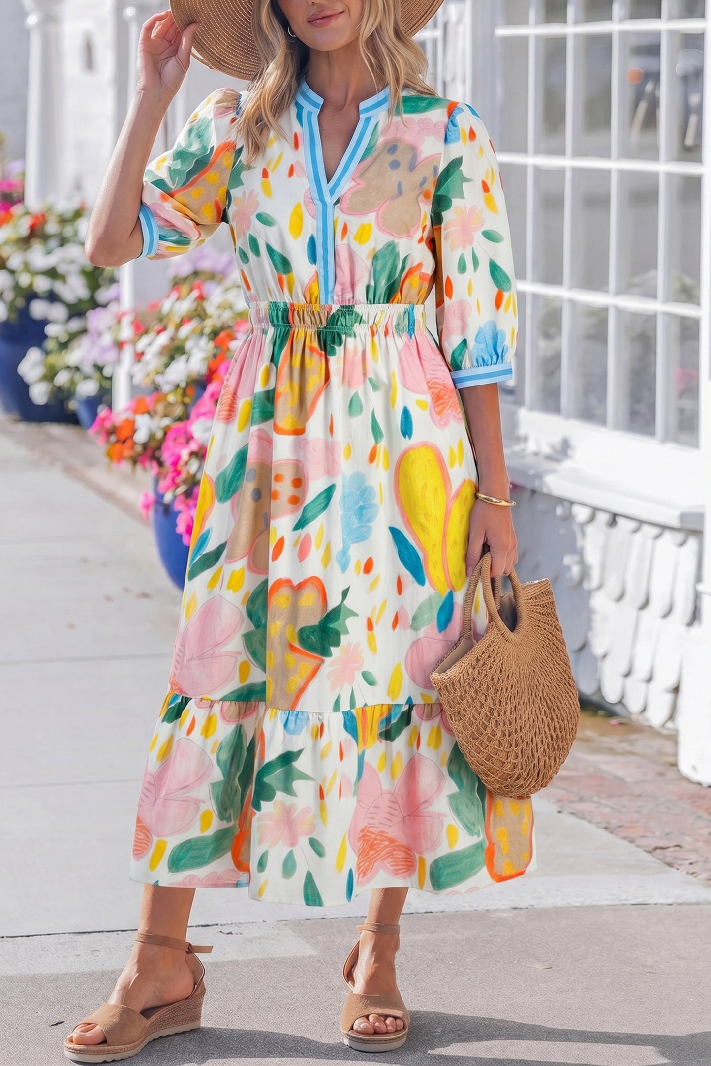 Vestido midi con cuello en V, estampado floral multicolor tipo garabato y ribete a rayas
