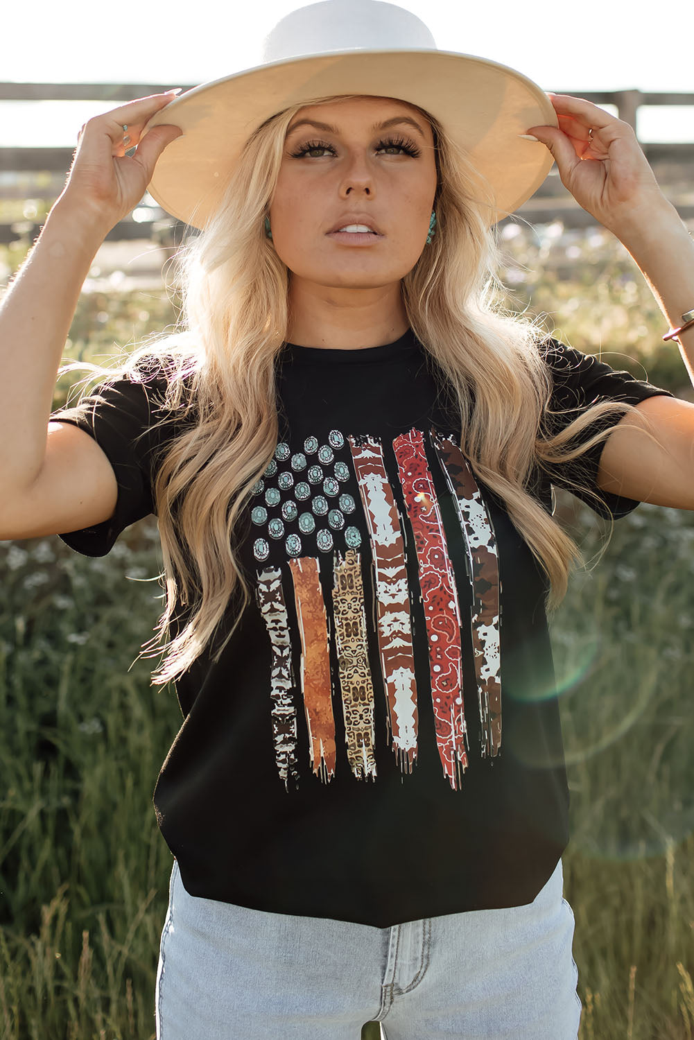 Camiseta Gráfica de la Bandera Americana Occidental Negra