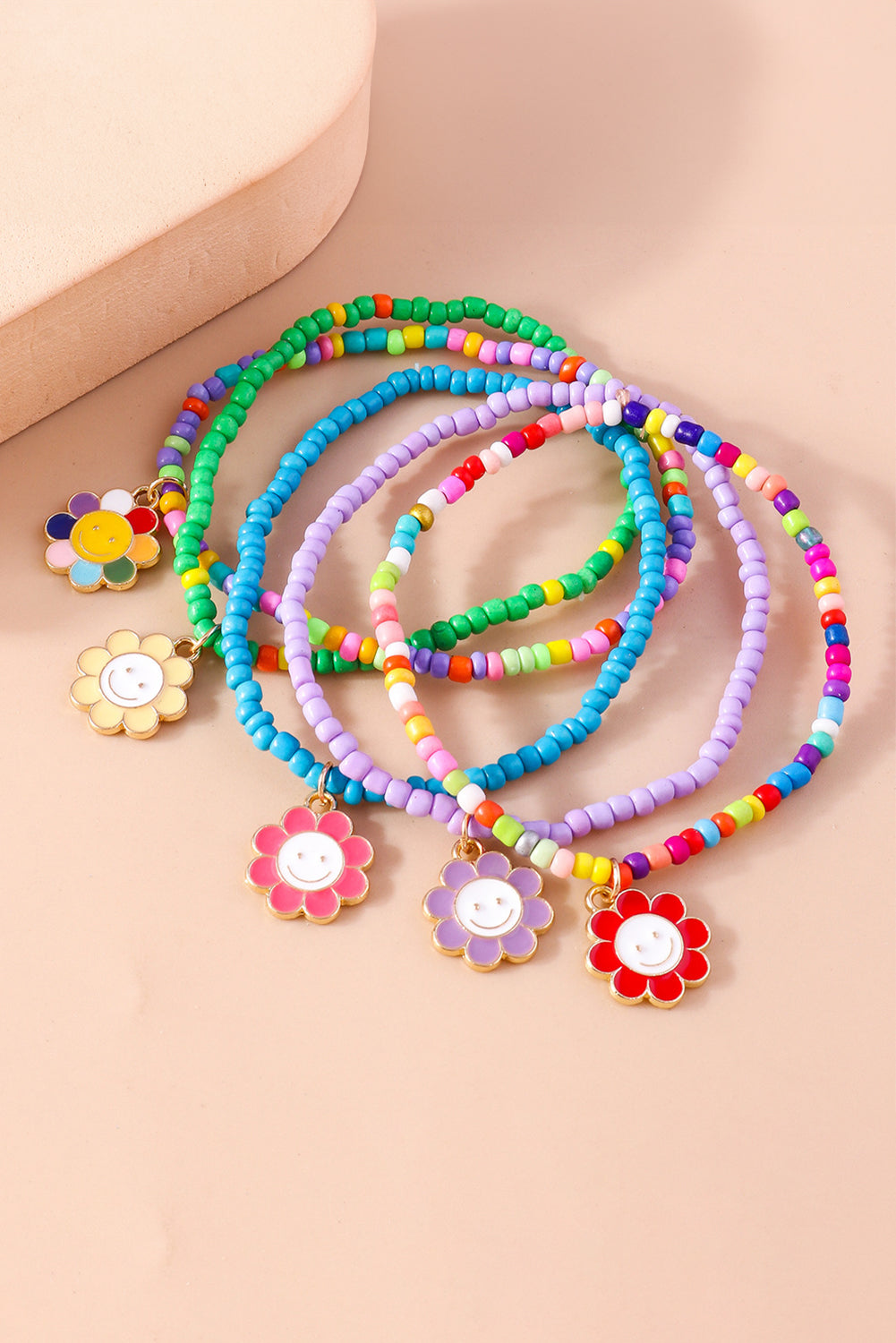 Light Blue 5pcs Smiley Flower Pendant Beaded Bracelet Set - Snoopy's Closet