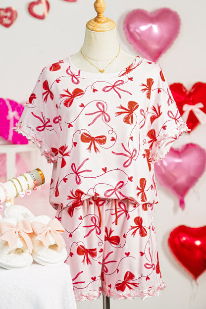 Conjunto de 2 piezas de blusa holgada con estampado de lazo romántico rojo y shorts con cordón para estar en casa