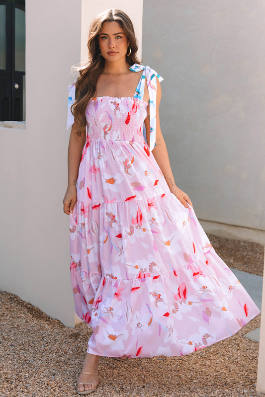 Vestido maxi fruncido con hombros anudados y estampado floral rosa